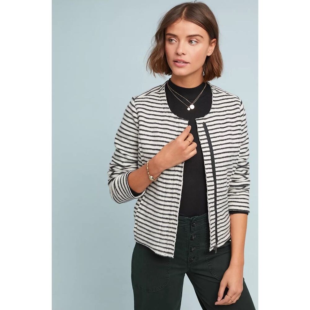 Dolan Anthropologie Striped Fleece Moto Jacket Gray White M